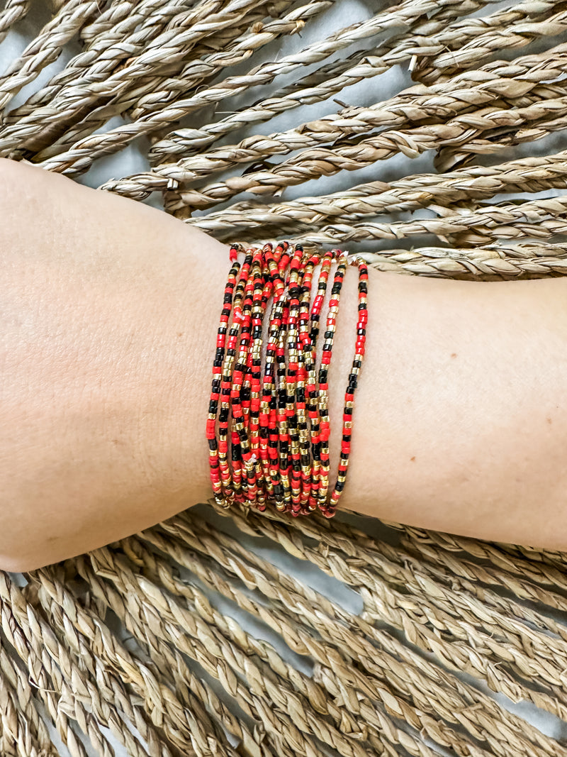 Red and Black Dainty Seed Beaded Bracelet