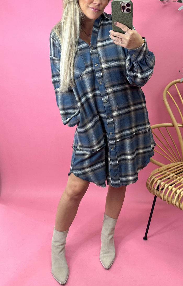 Make It Work Plaid Button Down Dress - Blue DOORBUSTER