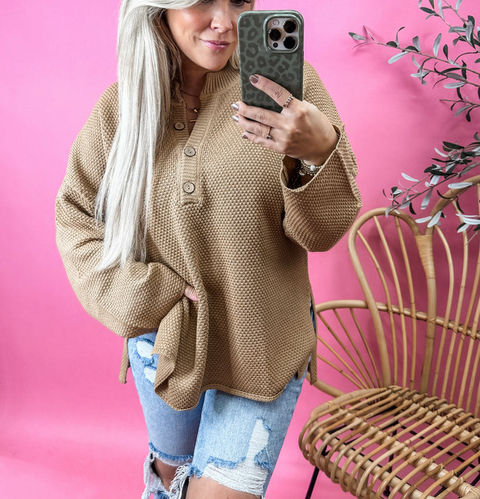 Loving You Henley Sweater - Coffee DOORBUSTER