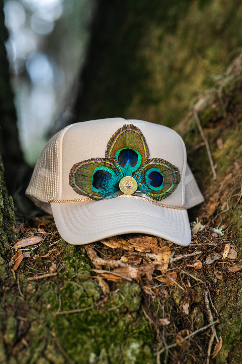 Peacock Feathered Tan Trucker Hat