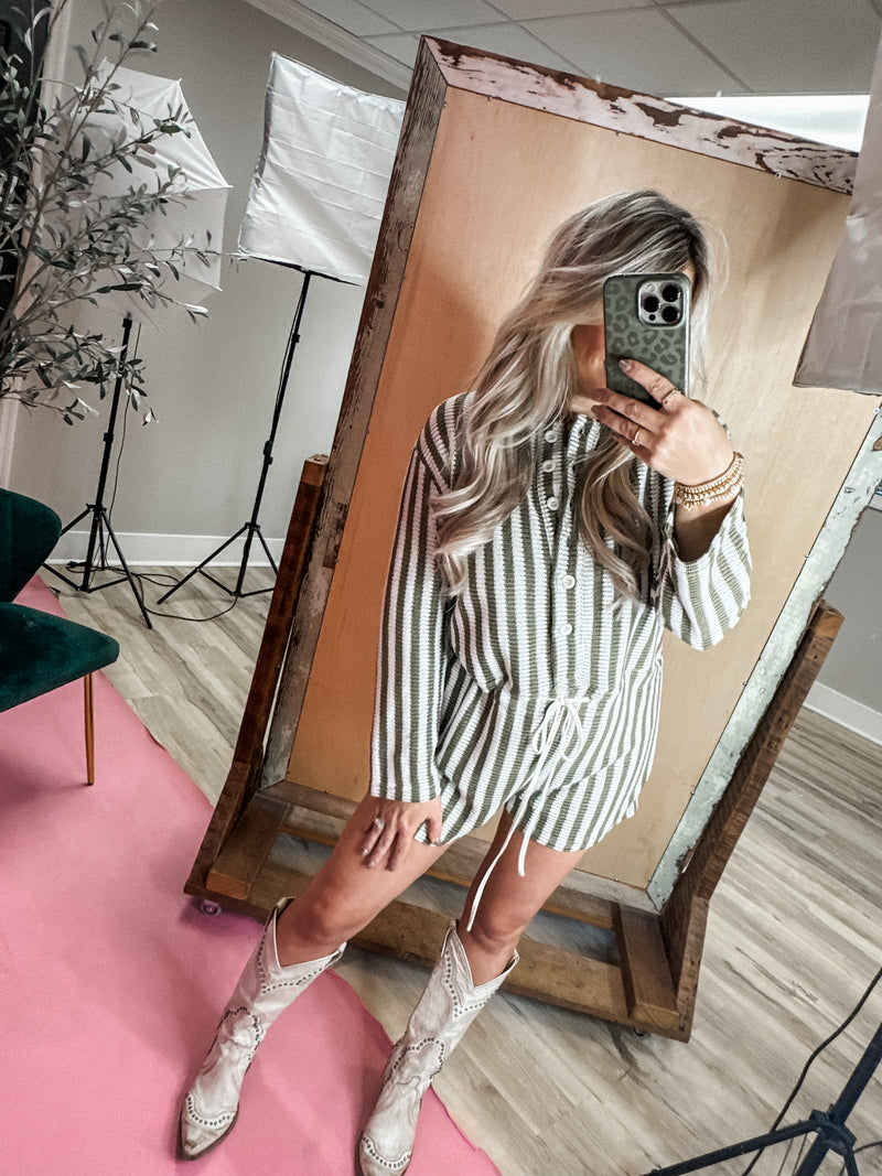 It's My Plan Olive Striped Romper