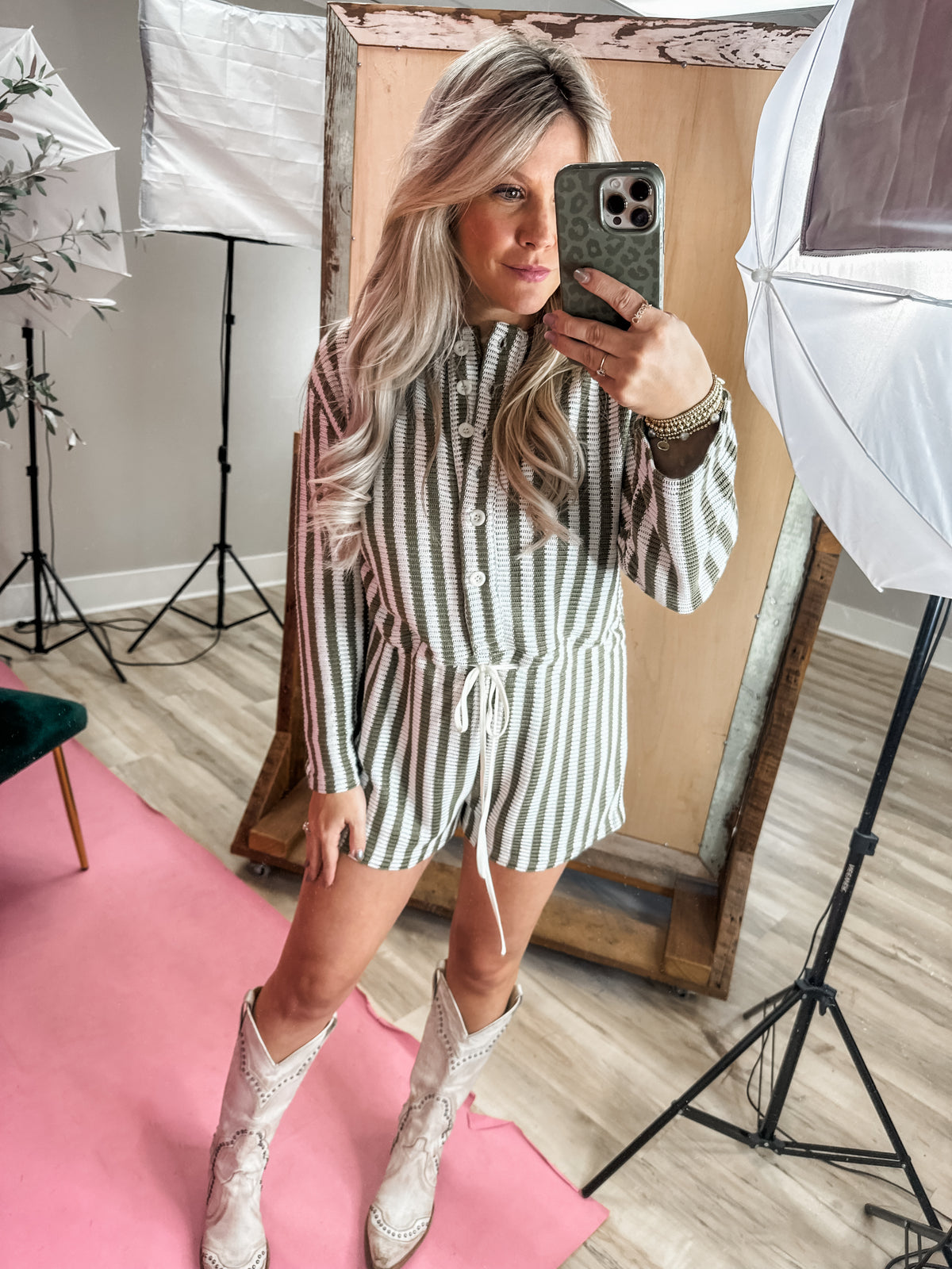 It's My Plan Olive Striped Romper