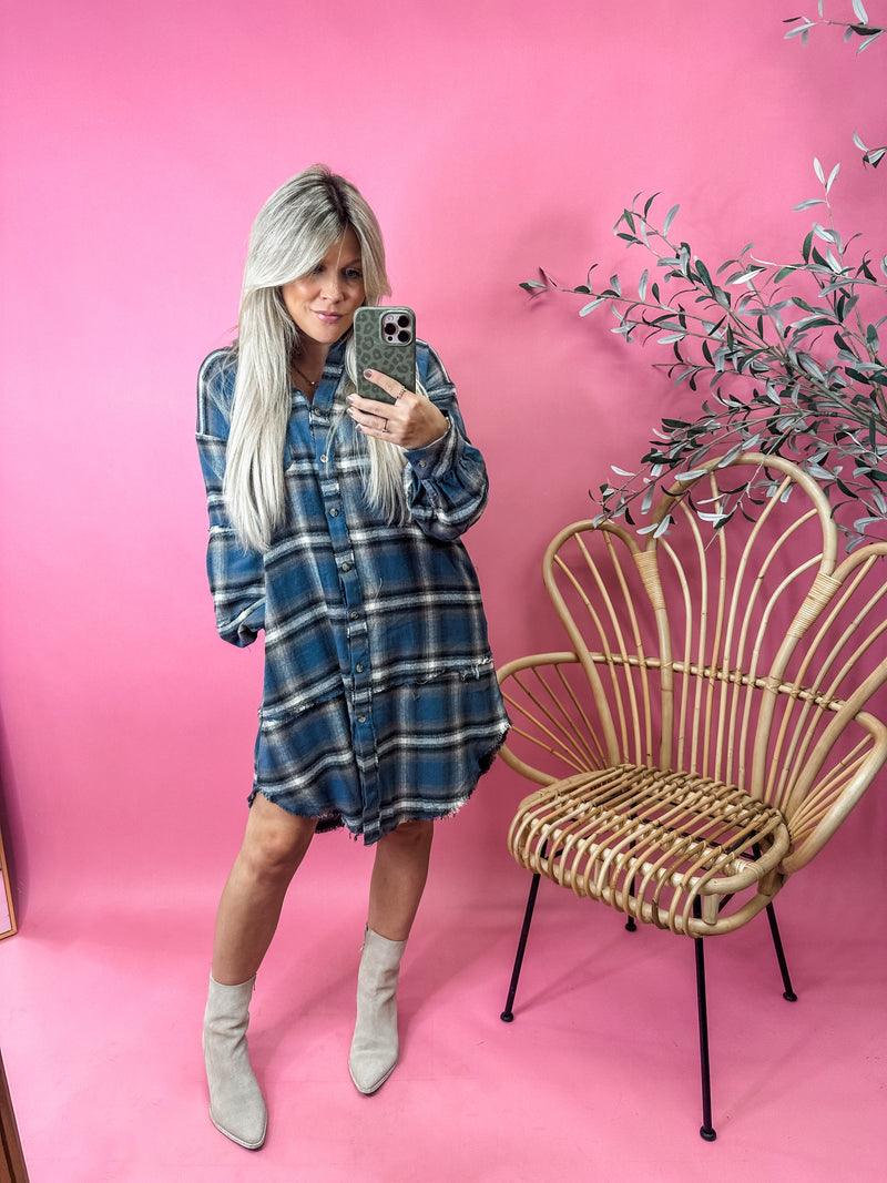 Make It Work Plaid Button Down Dress - Blue DOORBUSTER